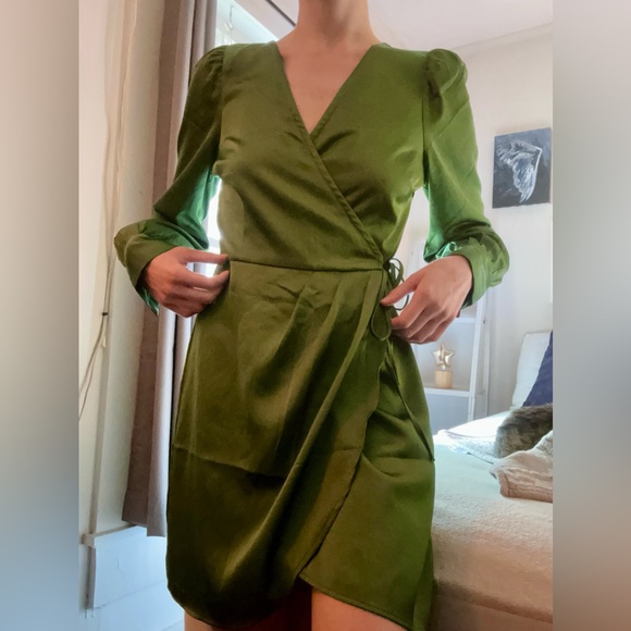 slim fit dress slacks Rent Abercrombie & Fitch Long Sleeve Satin Draped Dress In Green